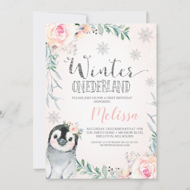 Blommigt Silver Penguin Winter Onederland Birthday Inbjudningar (Framsida)
