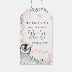 Blommigt Silver Penguin Winter Onederland Birthday Presentetikett