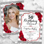 Blommigt Silver White Röd ros Foto 50:e födelsedag Inbjudningar<br><div class="desc">Elegant, blommigt, feminin 50-årsinbjudan med ditt foto på baksidan av kortet. Glam, vit, röd design med faux glitter silver. Funktioner rand, röd ros, typsnitt för skript och confietti. Perfekt för en snyggt vuxen under firande party. Anpassa med dina egna detaljer. Kan anpassas för vilken ålder som helst! Skrivna Zazzle-inbjudningar eller...</div>