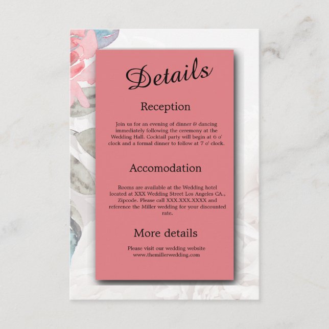 Blommigt, sjöblomma, ro peony bröllop tilläggskort (Framsida)