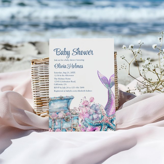 Blommigt Sjöjungfru Svan Starfish Baby Shower Inbjudningar (Floral Mermaid Tail Starfish Baby Shower Invitation on a sunny beach.)