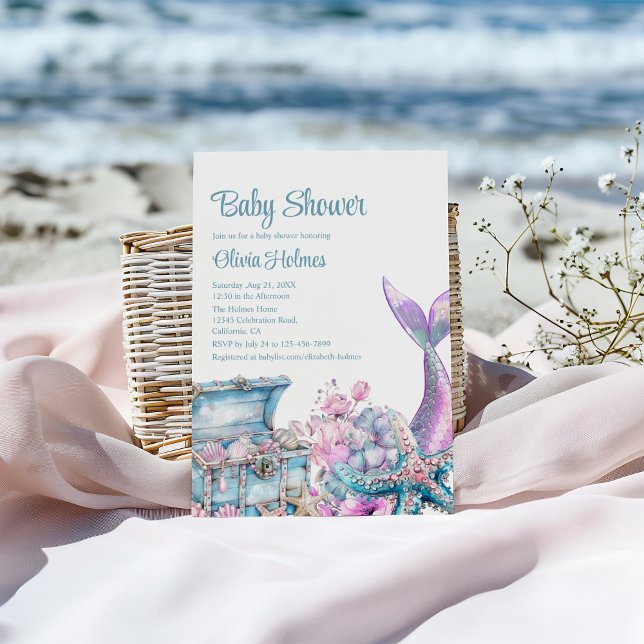 Blommigt Sjöjungfru Svan Starfish Baby Shower Inbjudningar (Floral Mermaid Tail Starfish Baby Shower Invitation on a sunny beach.)