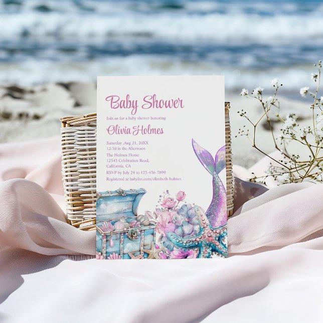 Blommigt Sjöjungfru Svan Starfish Baby Shower Inbjudningar (Floral Mermaid Tail Starfish Baby Shower Invitation on a sunny beach.)