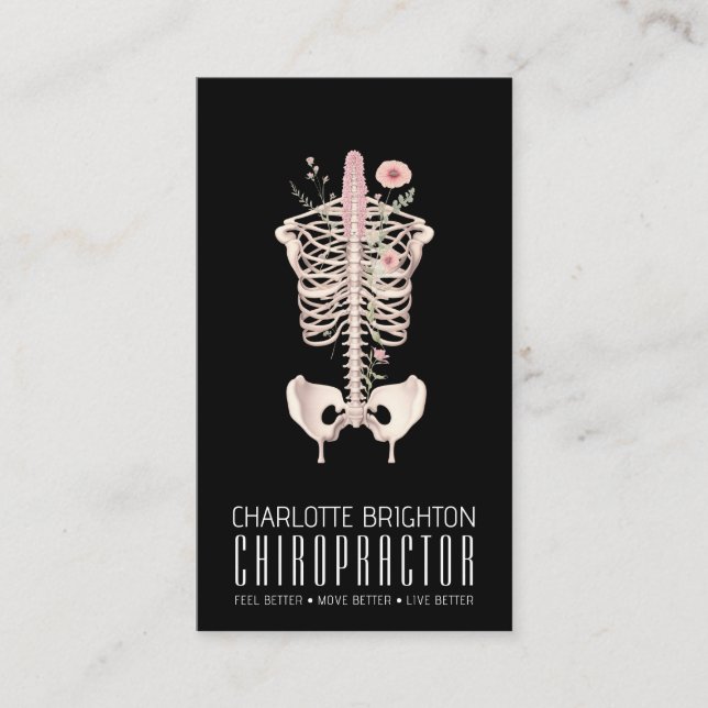 Blommigt Skeleton Chiropractor Black Möte & Visitkort (Framsida)