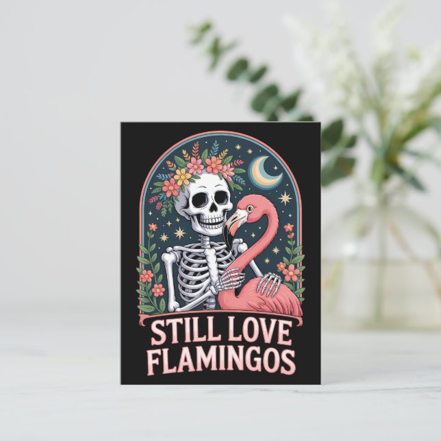 Blommigt Skeleton Flamingo Halloween Vykort (Stående Fram)