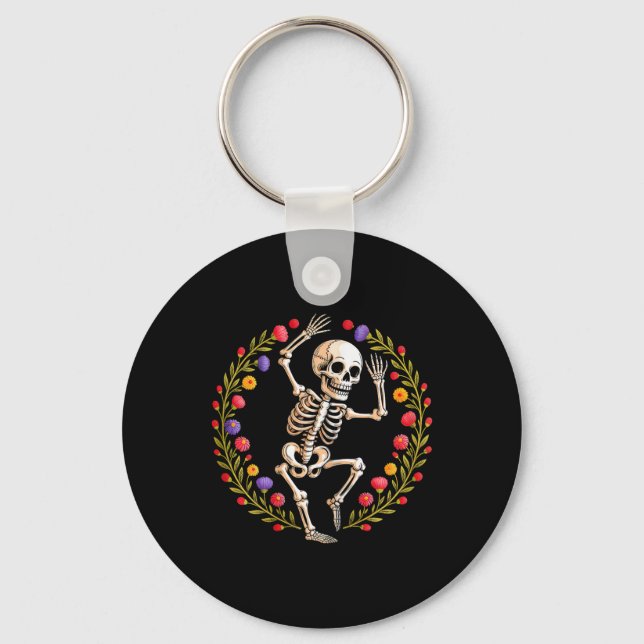 Blommigt Skeleton Funny Goth Halloween Costume for Nyckelring (Framsida)