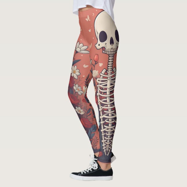 Blommigt Skeleton Halloween Skullskador Leggings (Vänster)