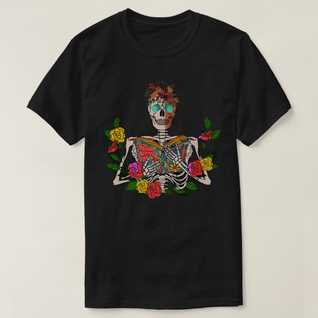 Blommigt Skeleton som läser döda inuti men läser t Shirt (Design framsida)