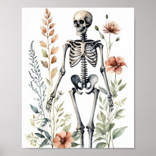 Blommigt Skeleton Watercolor Painting Poster