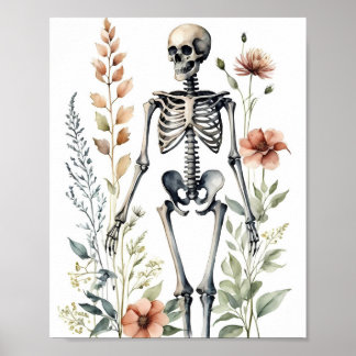Blommigt Skeleton Watercolor Painting Poster