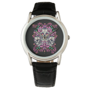 Blommigt, skelett, vattenfärgsfärg rosa, Halloween Armbandsur