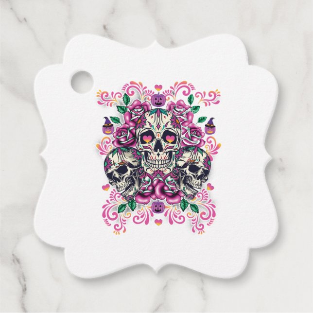 Blommigt, skelett, vattenfärgsfärg rosa, Halloween Gåvor Etiketter (Framsida)