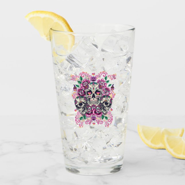 Blommigt, skelett, vattenfärgsfärg rosa, Halloween Glaskopp (Framsida Ice)