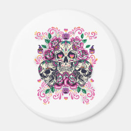 Blommigt, skelett, vattenfärgsfärg rosa, Halloween Magnet