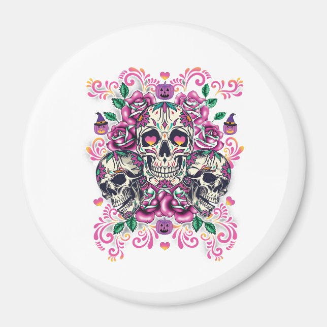 Blommigt, skelett, vattenfärgsfärg rosa, Halloween Magnet (Framsidan)