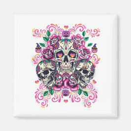 Blommigt, skelett, vattenfärgsfärg rosa, Halloween Magnet