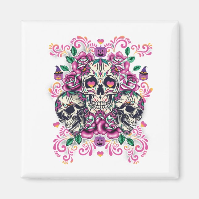 Blommigt, skelett, vattenfärgsfärg rosa, Halloween Magnet (Framsidan)