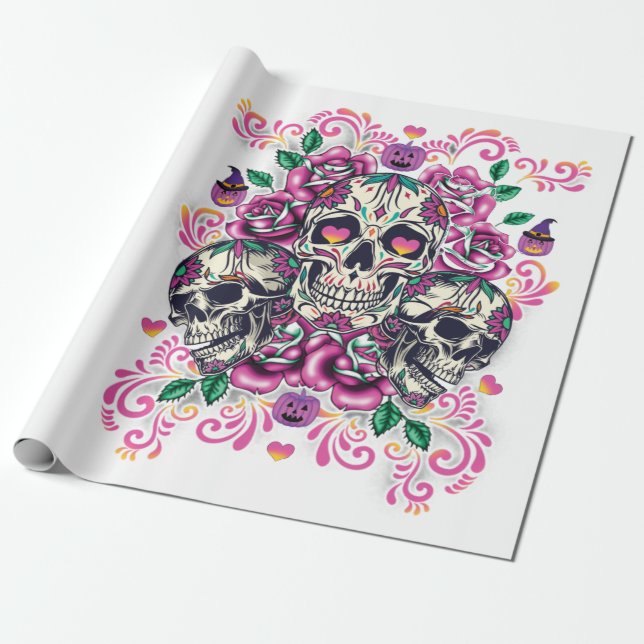 Blommigt, skelett, vattenfärgsfärg rosa, Halloween Presentpapper (Utrullad)