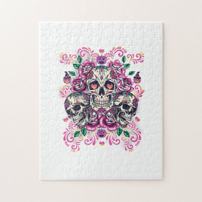 Blommigt, skelett, vattenfärgsfärg rosa, Halloween Pussel (Vertikal)