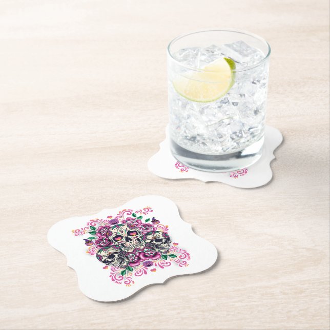 Blommigt, skelett, vattenfärgsfärg rosa, Halloween Underlägg Papper (Insitu)