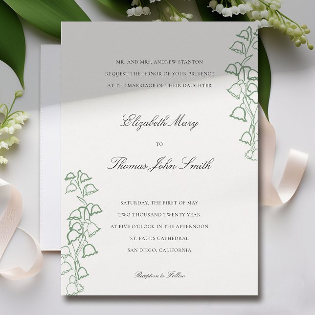 Blommigt Sketch Ram Lily Valley Formal Bröllop Inbjudningar (lily of the valley wedding invitation formal traditional elegant green floral sketch fine art drawn )