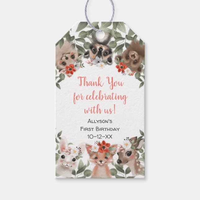 Blommigt: Skogsdjur, födelsedagstest för skogshugg Presentetikett (Framsidan)