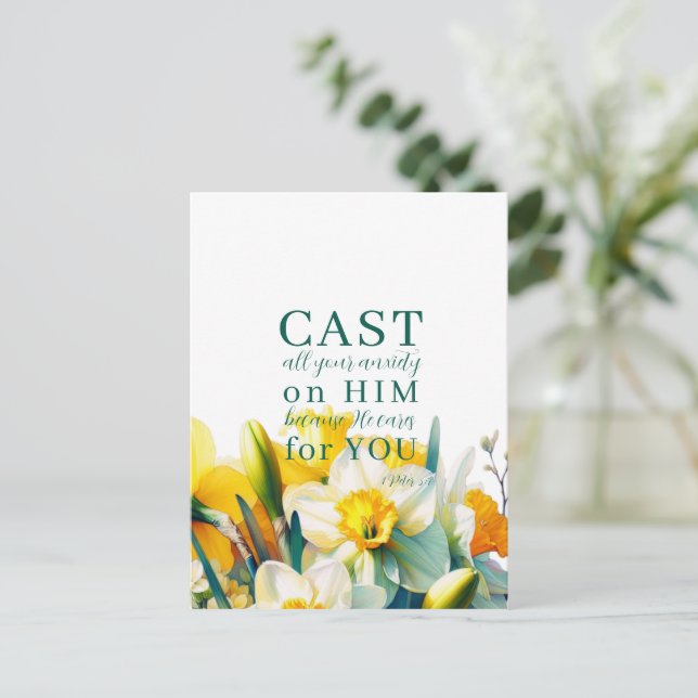 Blommigt Skript 1 Peter 5:7 vykort (Stående Fram)
