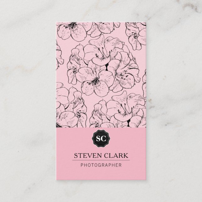 Blommigt Skriv ut/Monogram (Rosa) Visitkort (Framsida)