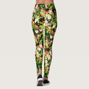 Blommigt Skriv ut Ro Rosa & White Flowers på svart Leggings