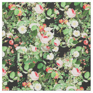 Blommigt Skriv ut Ro Rosa & White Flowers på svart Tyg