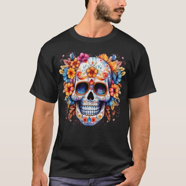 Blommigt Skull 12 T Shirt (Framsida)