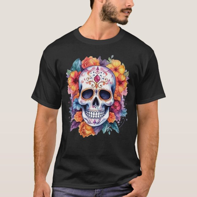 Blommigt Skull 14 T Shirt (Framsida)