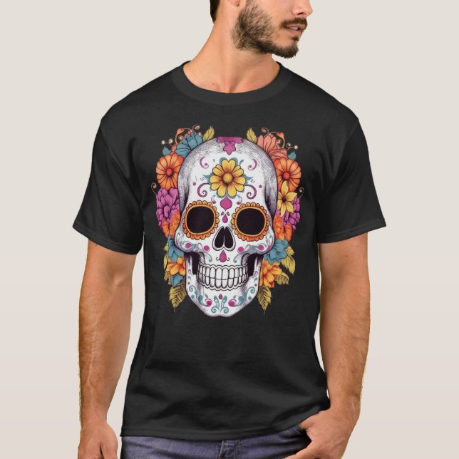 Blommigt Skull 15 T Shirt (Framsida)