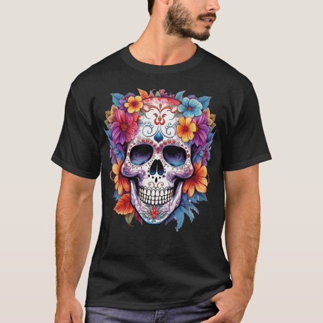 Blommigt Skull 16 T Shirt (Framsida)