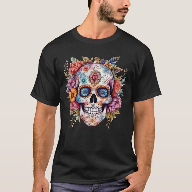Blommigt Skull 3 T Shirt (Framsida)