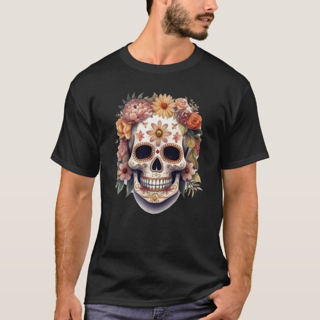 Blommigt Skull 5 T Shirt (Framsida)