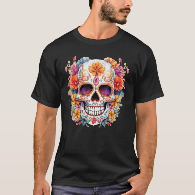 Blommigt Skull 6 T Shirt (Framsida)