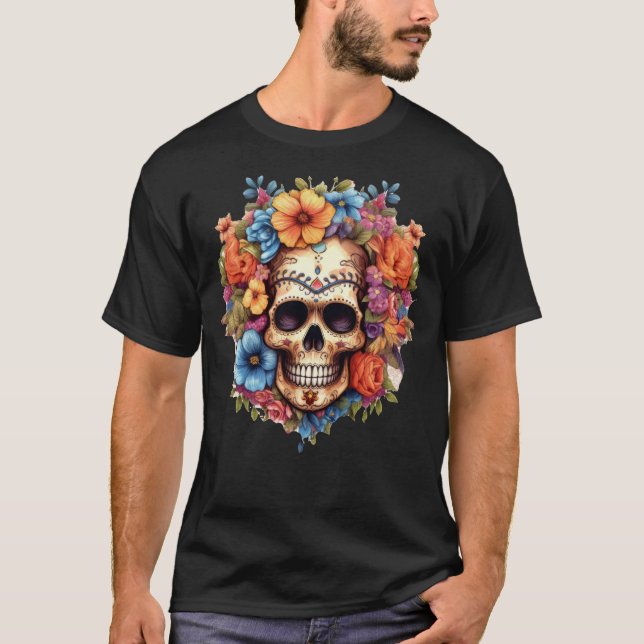 Blommigt Skull 7 T Shirt (Framsida)