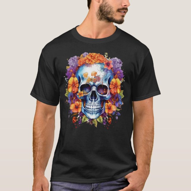 Blommigt Skull 8 T Shirt (Framsida)