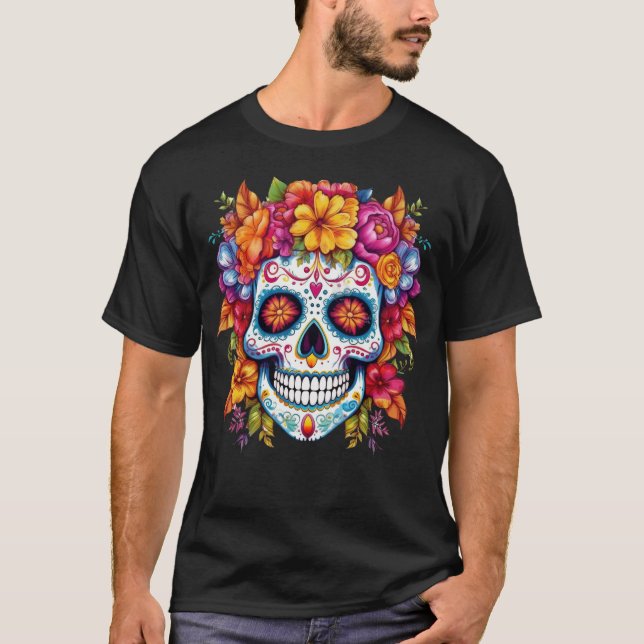Blommigt Skull 9 T Shirt (Framsida)