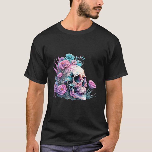 Blommigt Skull Art-Mörk T-Shirt (Framsida)