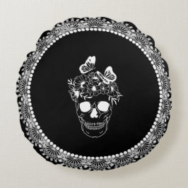 Blommigt Skull Black White Snöre Halloween Rund Kudde
