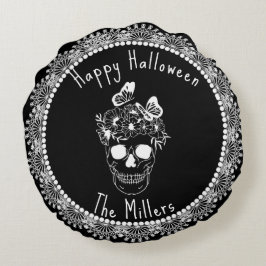 Blommigt Skull Black White Snöre Halloween Rund Kudde