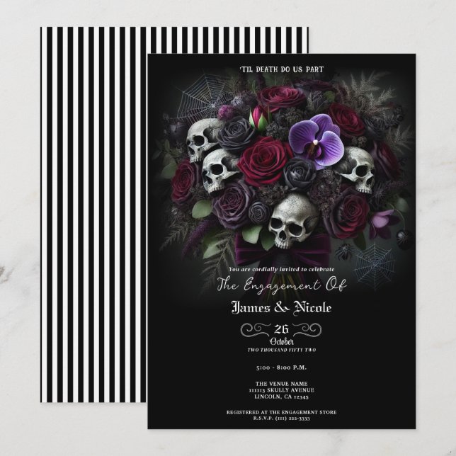Blommigt Skull Bouquet Gothic Halloween Förlovning Inbjudningar (Fram/baksida)