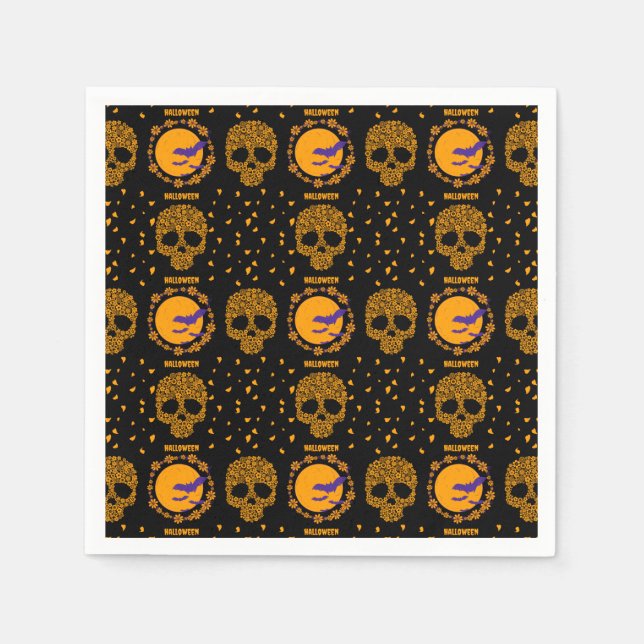 Blommigt Skull Coola Creepy Spooky Halloween Pappersservett (Framsidan)
