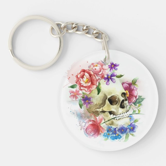 Blommigt Skull Dia de los Muertos | Nyckelkedja (Framsidan)