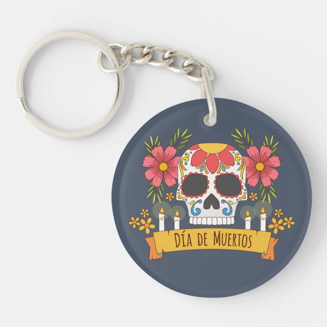 Blommigt Skull Dia de los Muertos | Nyckelkedja (Framsidan)