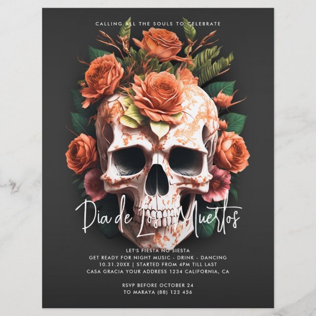 Blommigt Skull Dia de Los Muertos-partiets inbjuda Reklamblad (Framsidan)