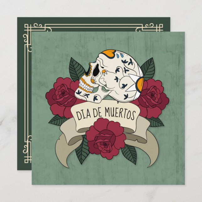 Blommigt Skull Dia de los Muertos Party-inbjudan Inbjudningar (Fram/baksida)