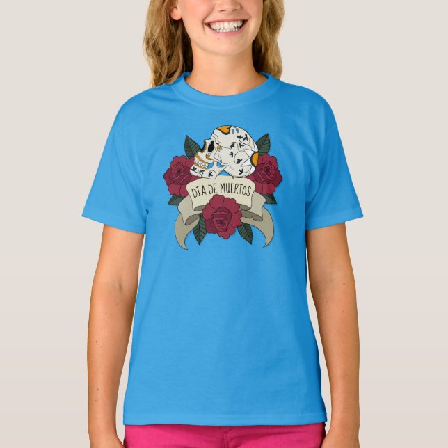 Blommigt Skull Dia de los Muertos Ringer Shirt T (Framsida)